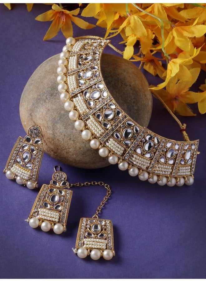 Sukkhi طقم قلادة تشوكر أنيقة فريدة من نوعها مع حجر أبيض و لؤلؤ مع أقراط و مانتيكا | طقم مجوهرات للنساء (NS105654) - Image 4