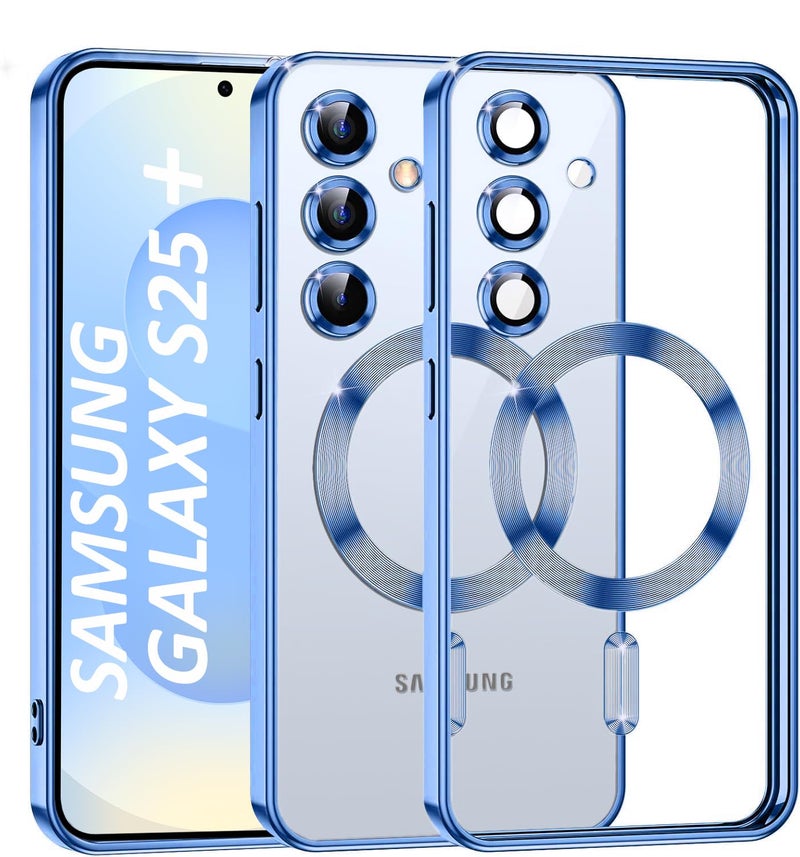 VONZEE Clear Logo Electroplating Transparent Clear Case for Samsung S25 Plus 5G, Magnetic Plating Electroplate TPU Cover, Individual Camera Protection for Each Lens-Blue - Image 1