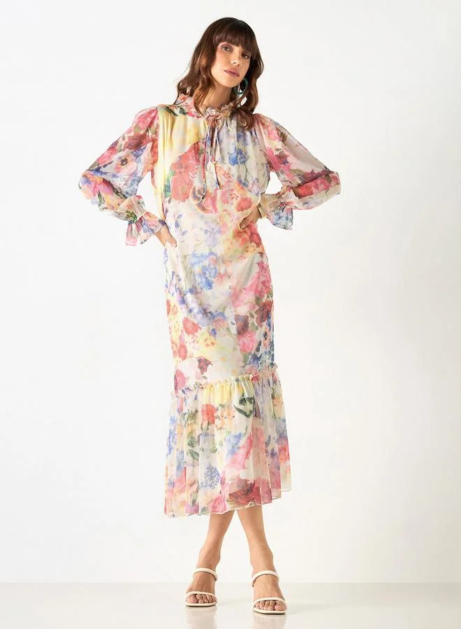 2Xtremz 2Xtremz All-Over Floral Print Dress with Tie-Ups and Volume Sleeves