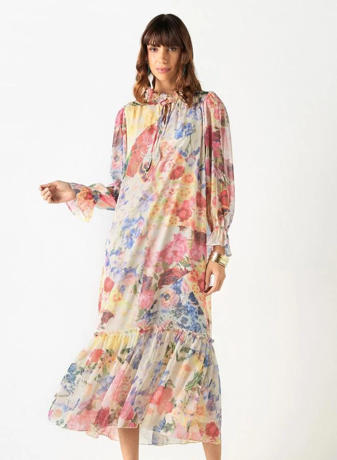 2Xtremz 2Xtremz All-Over Floral Print Dress with Tie-Ups and Volume Sleeves