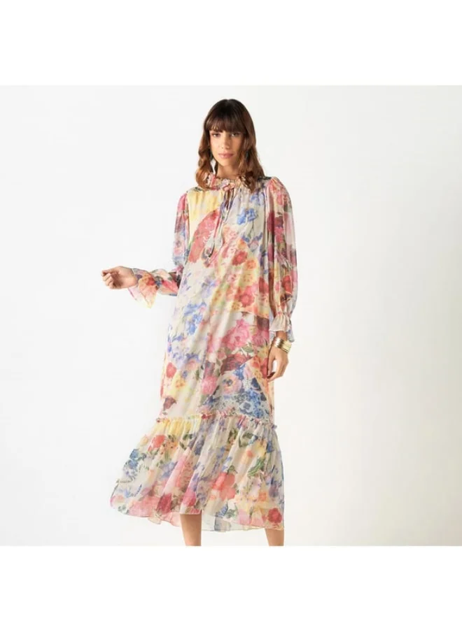 2Xtremz 2Xtremz All-Over Floral Print Dress with Tie-Ups and Volume Sleeves