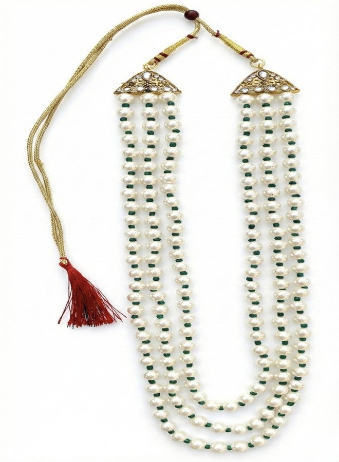 FURE Royal 3-Line Pearl Groom Necklace for Sherwani – Traditional Green Dulha Moti Mala with Adjustable Dori – Elegant Wedding Accessory for Men - Image 1