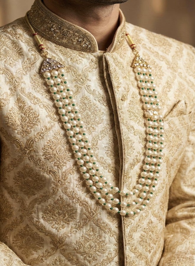 FURE Royal 3-Line Pearl Groom Necklace for Sherwani – Traditional Green Dulha Moti Mala with Adjustable Dori – Elegant Wedding Accessory for Men - Image 3