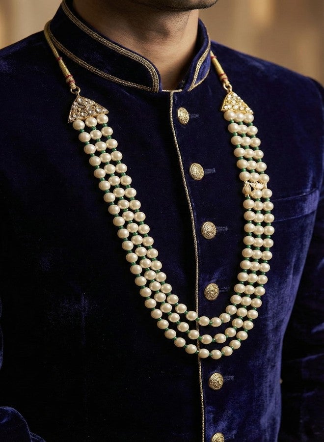 FURE Royal 3-Line Pearl Groom Necklace for Sherwani – Traditional Green Dulha Moti Mala with Adjustable Dori – Elegant Wedding Accessory for Men - Image 2