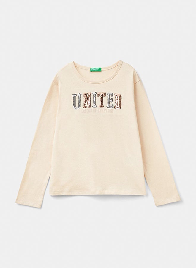 بينيتون تي شيرت بنات من القطن العضوي الدافئ مع الترتر - Image 1