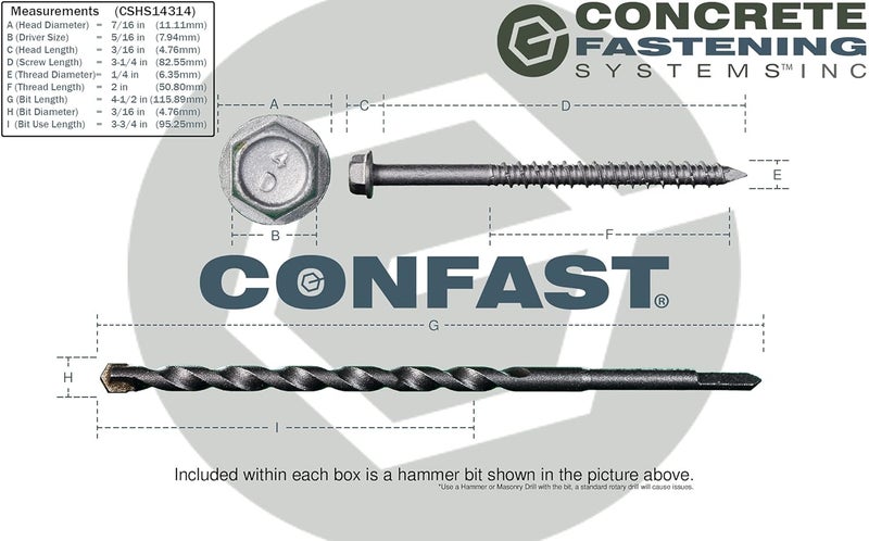 CONFAST 1/4" x 3-1/4" Concrete Screws 410 Stainless Steel Hex with Concrete Drill Bit for Anchoring to Masonry, Block or Brick (50 per Box) - Image 5