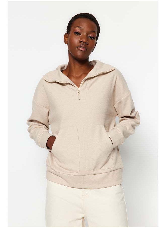 trendyol Beige Thessaloniki/Knitwear Look Zippered Relaxed/Comfortable Fit Knitted Sweatshirt TWOAW24SW00001  - Image 1
