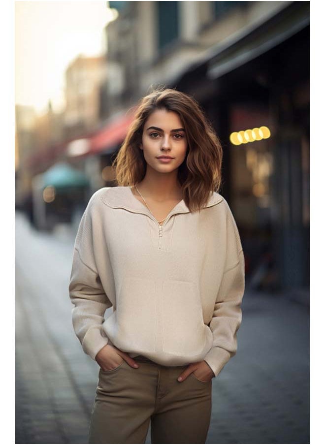 trendyol Beige Thessaloniki/Knitwear Look Zippered Relaxed/Comfortable Fit Knitted Sweatshirt TWOAW24SW00001  - Image 2