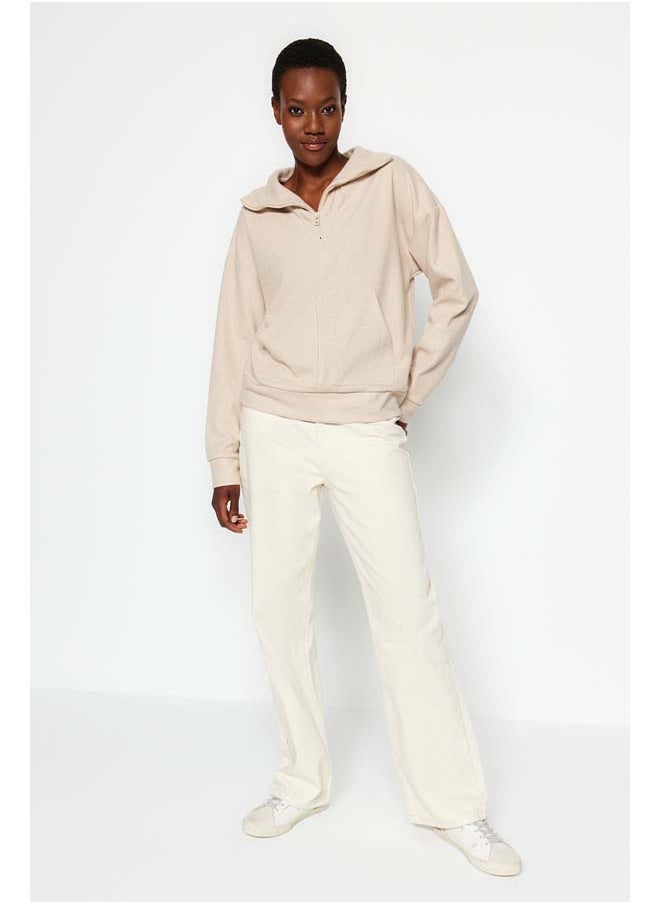 trendyol Beige Thessaloniki/Knitwear Look Zippered Relaxed/Comfortable Fit Knitted Sweatshirt TWOAW24SW00001  - Image 3