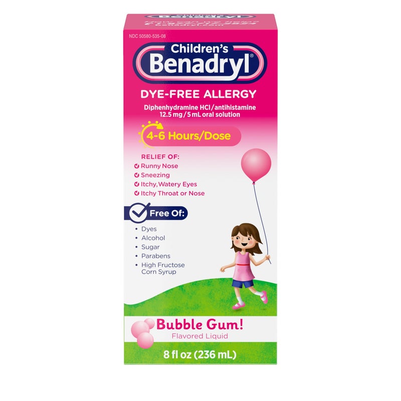 Benadryl دواء بنادريل للأطفال خالي من الأصباغ والسكر لعلاج الحساسية سائل مع ديفينهيدرامين HCl، دواء مضاد للهستامين للأطفال، خالي من الأصباغ، خالي من الكحول، بنكهة العلكة، 8 أونصات سائلة - Image 1