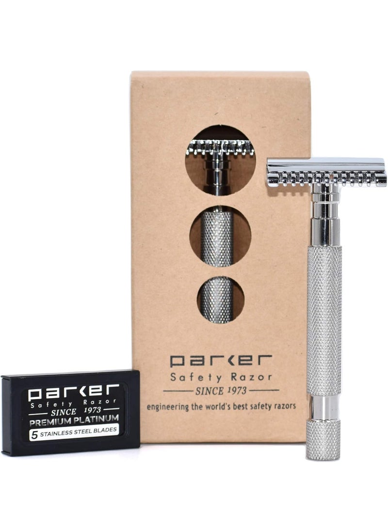 Parker Safety Razor Parker 68S Stainless Steel Handle Double Edge Safety Razor with 5 Blades 
