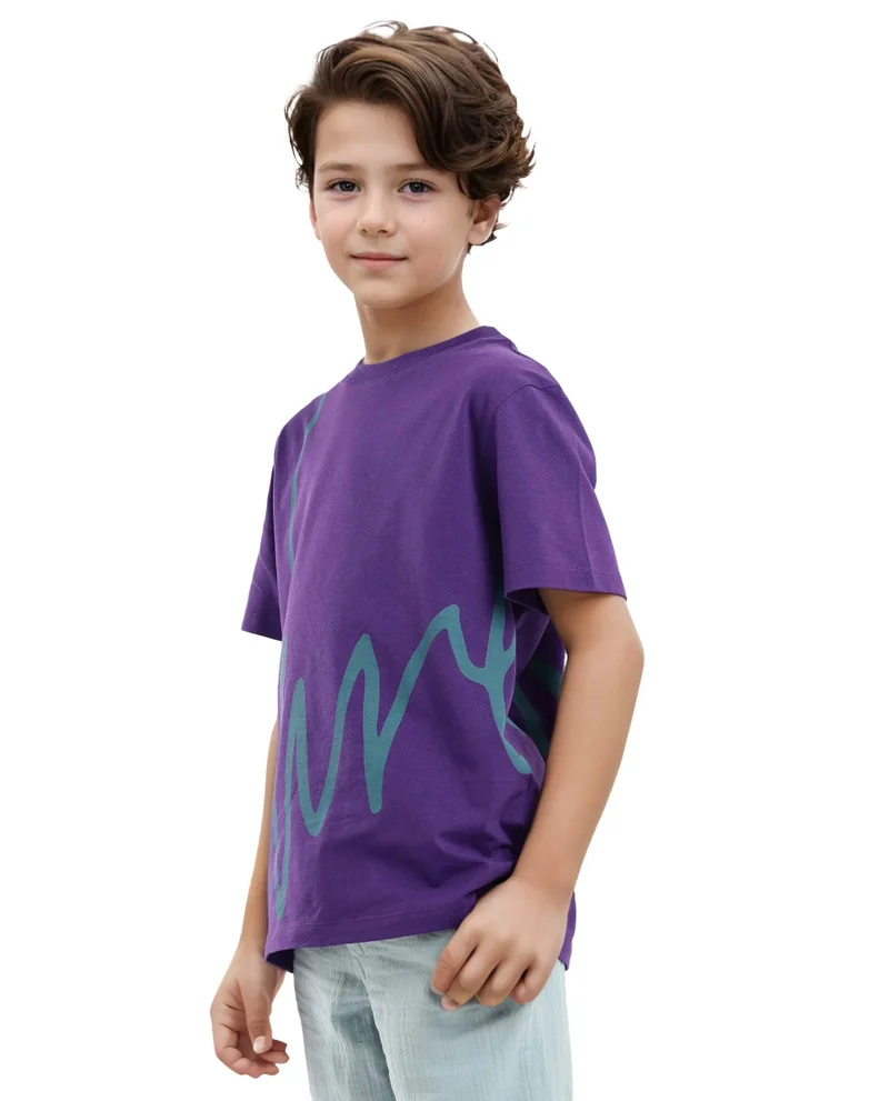 Rare Ones Rare Ones Kids Ezon Dark Purple Cotton Fabric Half Sleeves Crew Neck Graphic Signature Print T-Shirt