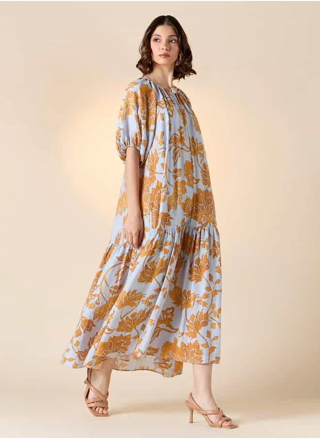 ايكونيك Iconic Printed A-line Dress with Keyhole Neck and Balloon Sleeves