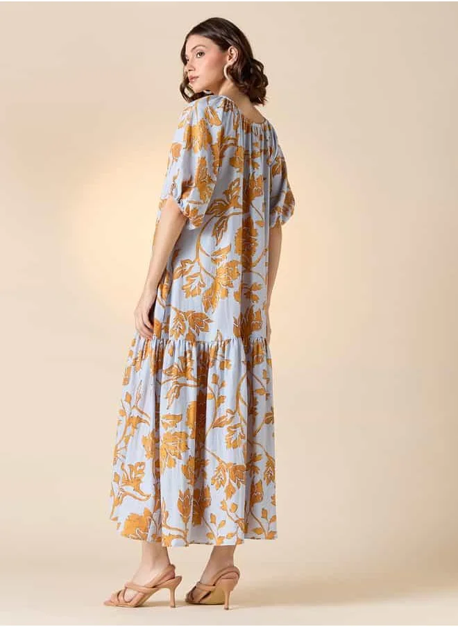 Iconic Iconic Printed A-line Dress with Keyhole Neck and Balloon Sleeves