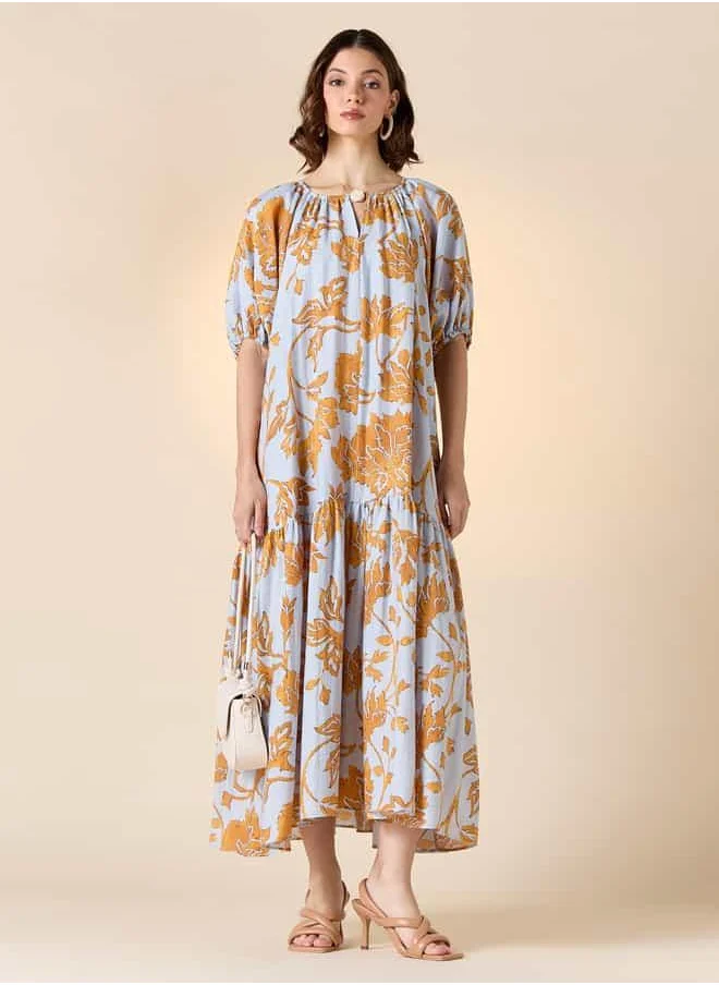 Iconic Iconic Printed A-line Dress with Keyhole Neck and Balloon Sleeves