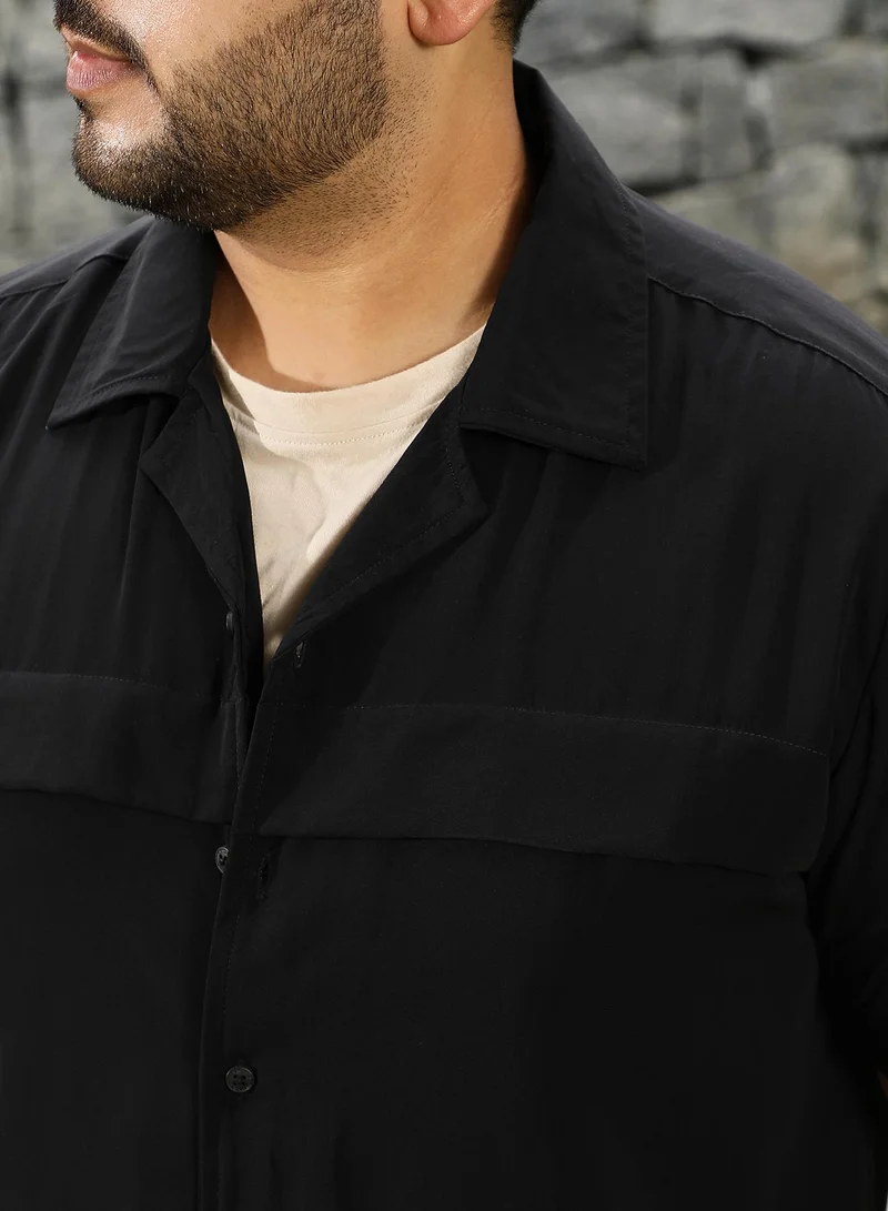 Instafab Plus Instafab Plus Men's Onyx Black Front-Flap Cuban Shirt | Cuban Collar , Short Regular Sleeves , Button Closure , Straight Hemline | Solid Plain Polyester Blend Material For Street & Casual Wear