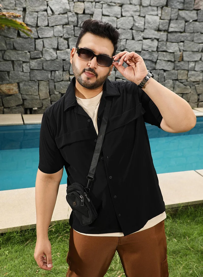 Instafab Plus Instafab Plus Men's Onyx Black Front-Flap Cuban Shirt | Cuban Collar , Short Regular Sleeves , Button Closure , Straight Hemline | Solid Plain Polyester Blend Material For Street & Casual Wear