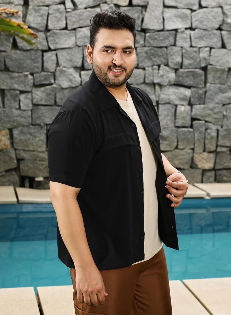 Instafab Plus Instafab Plus Men's Onyx Black Front-Flap Cuban Shirt | Cuban Collar , Short Regular Sleeves , Button Closure , Straight Hemline | Solid Plain Polyester Blend Material For Street & Casual Wear