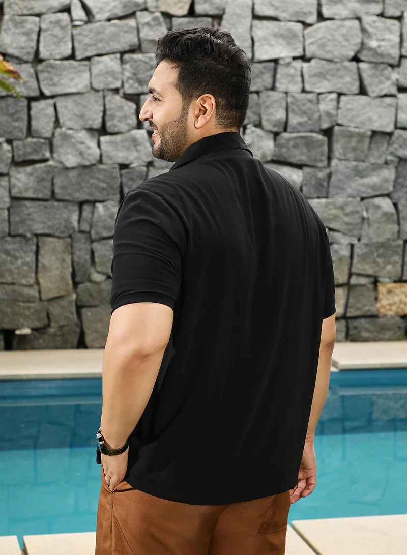 Instafab Plus Instafab Plus Men's Onyx Black Front-Flap Cuban Shirt | Cuban Collar , Short Regular Sleeves , Button Closure , Straight Hemline | Solid Plain Polyester Blend Material For Street & Casual Wear