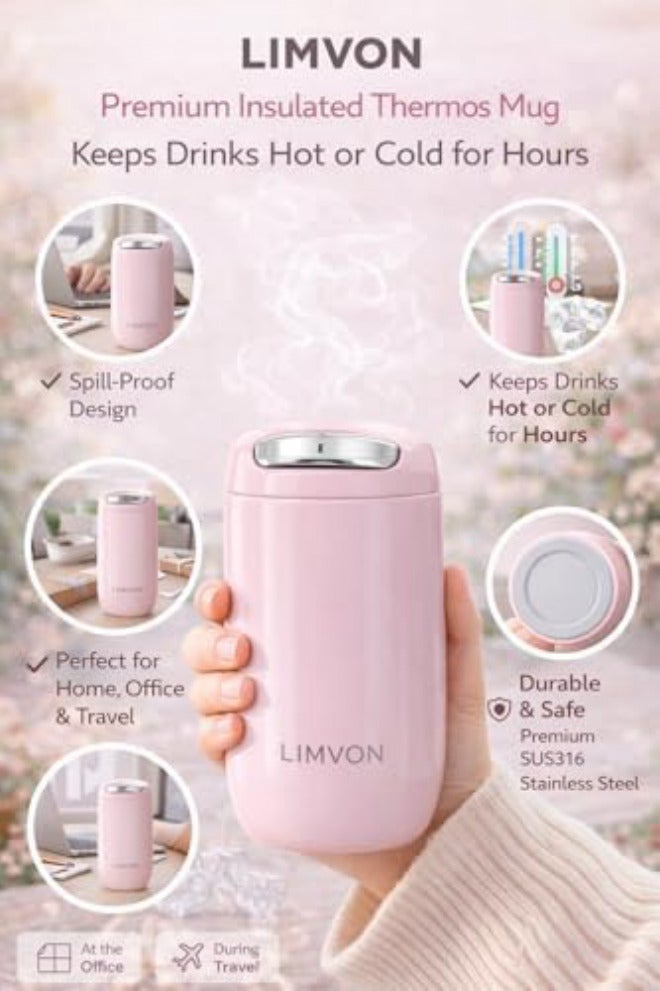 LIMVON Retro Glossy Coffee Thermos Cup 360ml – Stainless Steel Vacuum Insulated Travel Mug, Modern Portable Design (PINK) - Image 1