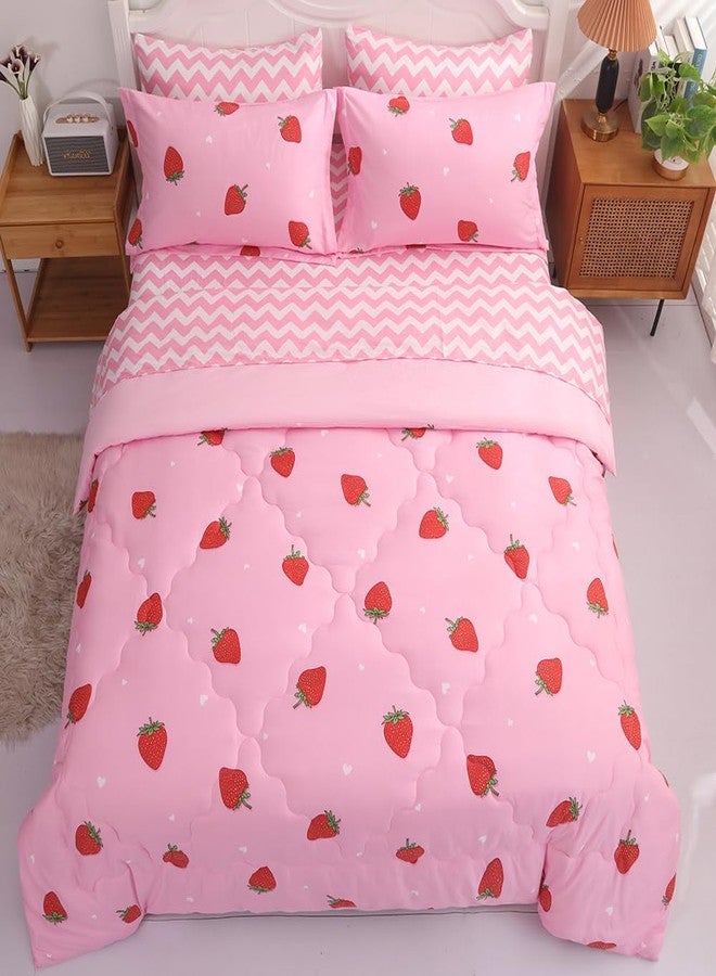 Gusuhome Strawberry Comforter Bedding Set Full Size for Girls 7 Piece Pink Kawaii Comforter Set Bed in A Bag for Kids Teens All Season (1 Comforter,1 Flat Sheet,1 Fitted Sheet and 4 Pillow Sham) - Image 5