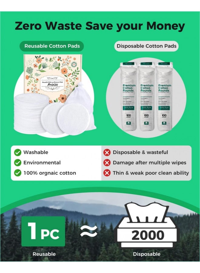 ProCIV Reusable Makeup Remover Pads, 18 Packs Washable Organic Bamboo Reusable Cotton Rounds for All Skin Types & Toner with Laundry Bag, Eco Friendly Zero Waste Reusable Cotton Pads for Woman (White) - Image 2