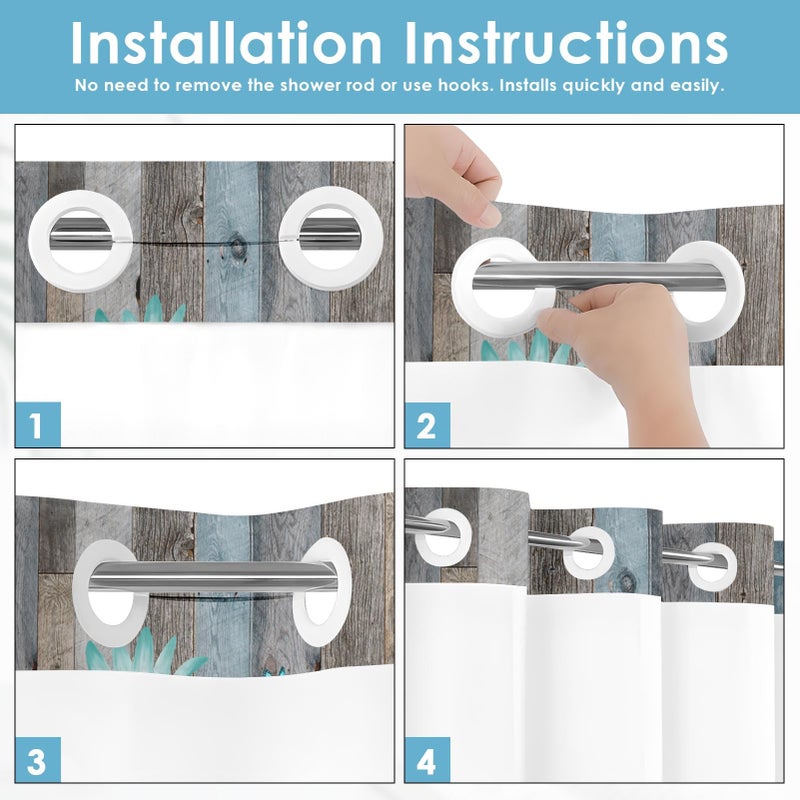 Nesphy No Hook Rustic Farmhouse Shower Curtain with Snap in Fabric Liner Set, Teal Daisy Flowers and Butterfly on Wooden Double Layers Waterproof with See Through Top Bath Curtain 71x74 Inch - Image 2