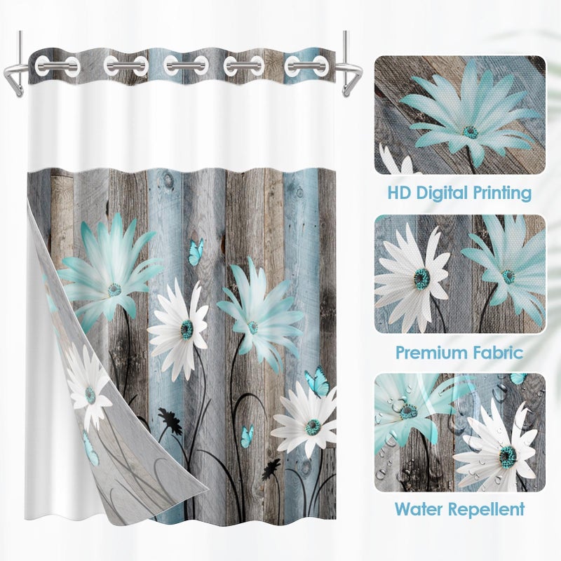 Nesphy No Hook Rustic Farmhouse Shower Curtain with Snap in Fabric Liner Set, Teal Daisy Flowers and Butterfly on Wooden Double Layers Waterproof with See Through Top Bath Curtain 71x74 Inch - Image 4