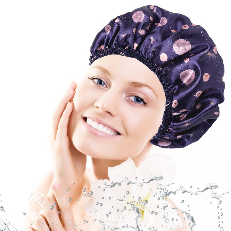 CHFONG 4 PCS Shower Cap for Women, Elastic and Reusable Bath Caps, Double Layers Shower Caps Reusable Waterproof, Bathing Shower Caps, Environmental Bath Hair Protection Cap - Ginkgo Leaf - Image 2