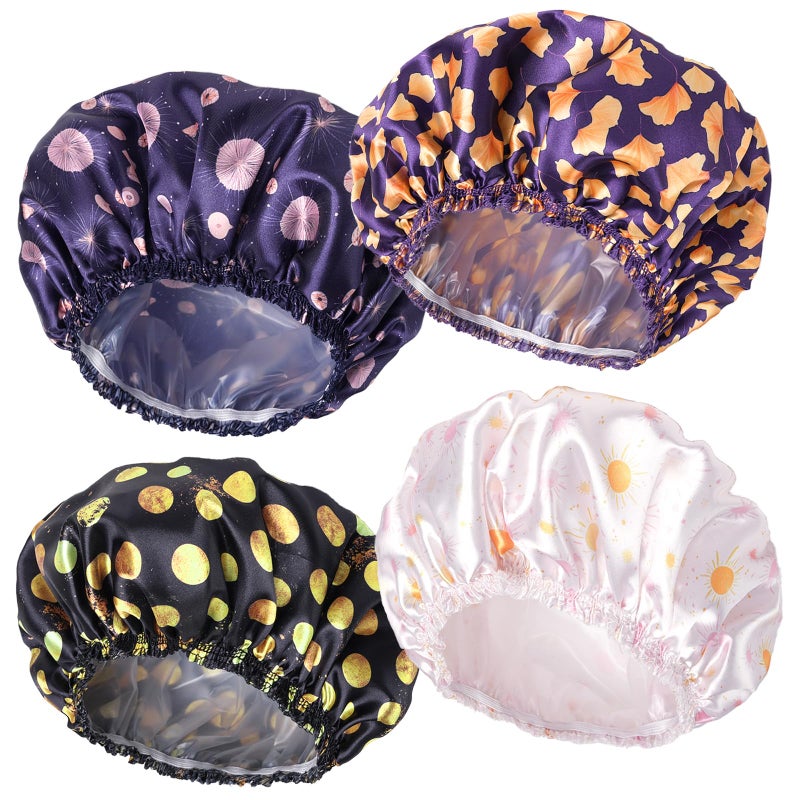 CHFONG 4 PCS Shower Cap for Women, Elastic and Reusable Bath Caps, Double Layers Shower Caps Reusable Waterproof, Bathing Shower Caps, Environmental Bath Hair Protection Cap - Ginkgo Leaf - Image 1