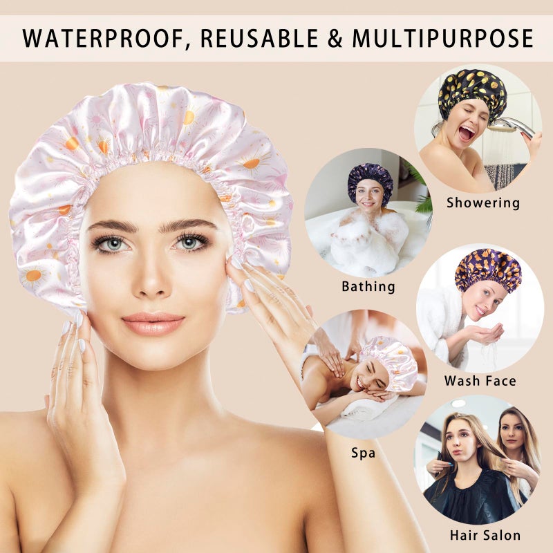 CHFONG 4 PCS Shower Cap for Women, Elastic and Reusable Bath Caps, Double Layers Shower Caps Reusable Waterproof, Bathing Shower Caps, Environmental Bath Hair Protection Cap - Ginkgo Leaf - Image 5