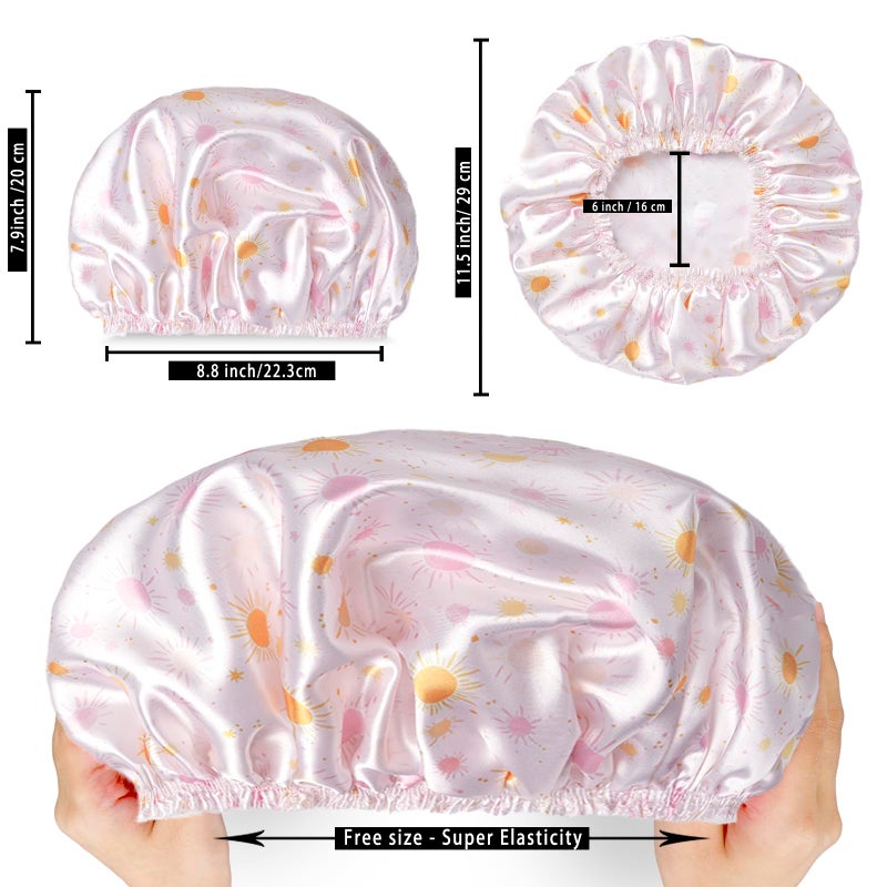 CHFONG 4 PCS Shower Cap for Women, Elastic and Reusable Bath Caps, Double Layers Shower Caps Reusable Waterproof, Bathing Shower Caps, Environmental Bath Hair Protection Cap - Ginkgo Leaf - Image 3