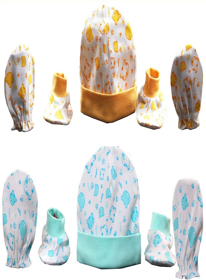 FAVISM Annapurna Sales Pure Soft Cotton Newborn Baby Booties Mittens Cap Set or Gloves Combo Pack of 4 Pair, 2 pcs, Lemon Blue, Size 0-6 Months, Unisex - Image 1