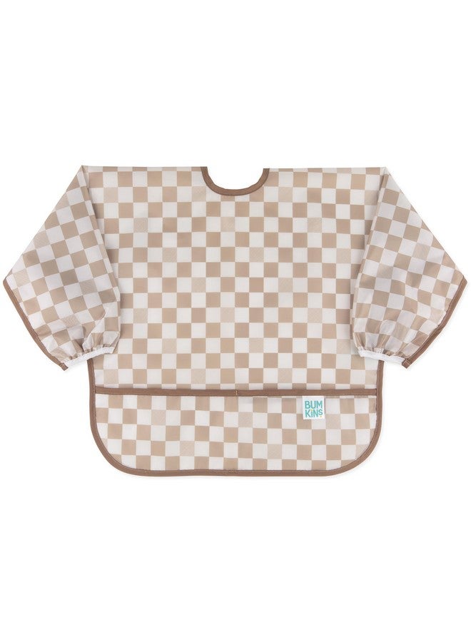 Bumkins Sleeved Bib for Girl or Boy, Baby and Toddler for 6-24 Mos, Essential Must Have for Eating, Feeding, Baby Led Weaning Supplies, Long Sleeve Mess Saving Food Catcher, Soft Fabric, Beige Check - Image 1