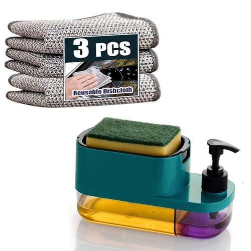 VYOOx Kitchen Soap Dispenser with Sponge Holder+3 Pice Dish Cloth,2-Chamber Design, Pump Bottle for Dish Soap, Teal (Multi Colour) - Image 1