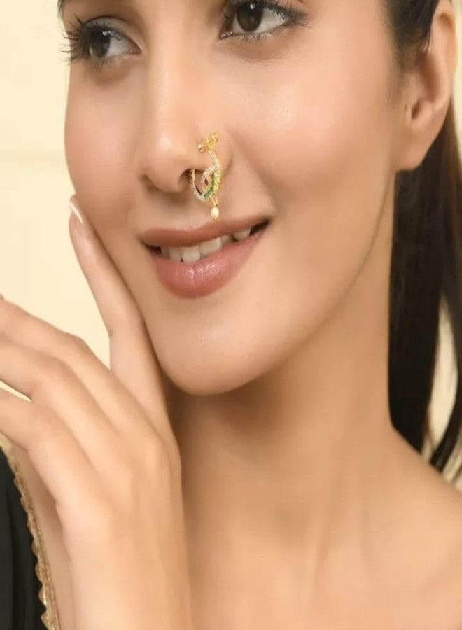 ZEELLO Gold Plated Nose Pin with CZ Stones, Green and Red Accents, Pearl Drop, Traditional Indian Jewelry - Image 2