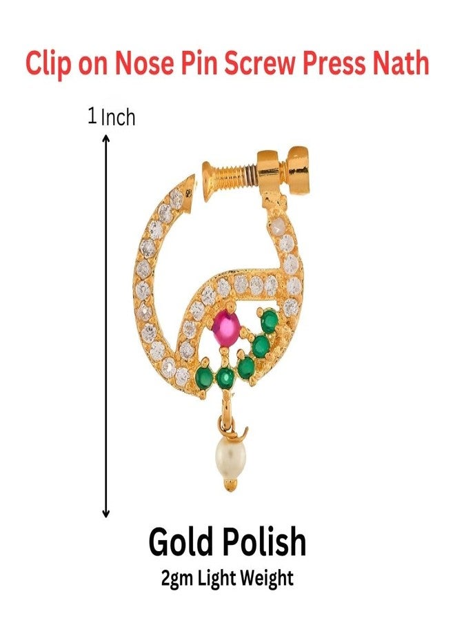 ZEELLO Gold Plated Nose Pin with CZ Stones, Green and Red Accents, Pearl Drop, Traditional Indian Jewelry - Image 4