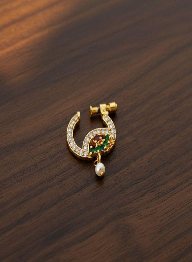 ZEELLO Gold Plated Nose Pin with CZ Stones, Green and Red Accents, Pearl Drop, Traditional Indian Jewelry - Image 5