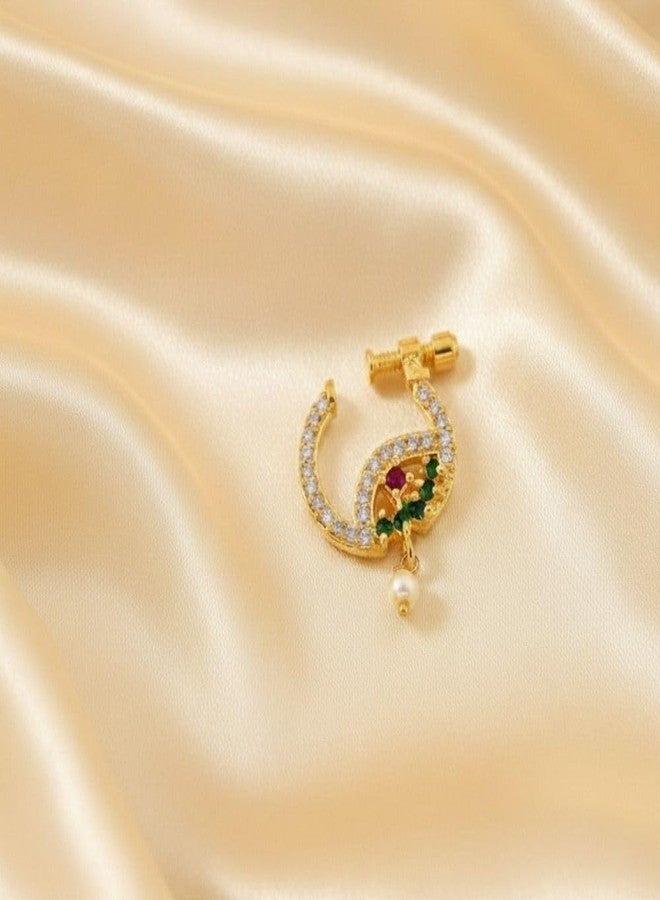 ZEELLO Gold Plated Nose Pin with CZ Stones, Green and Red Accents, Pearl Drop, Traditional Indian Jewelry - Image 3