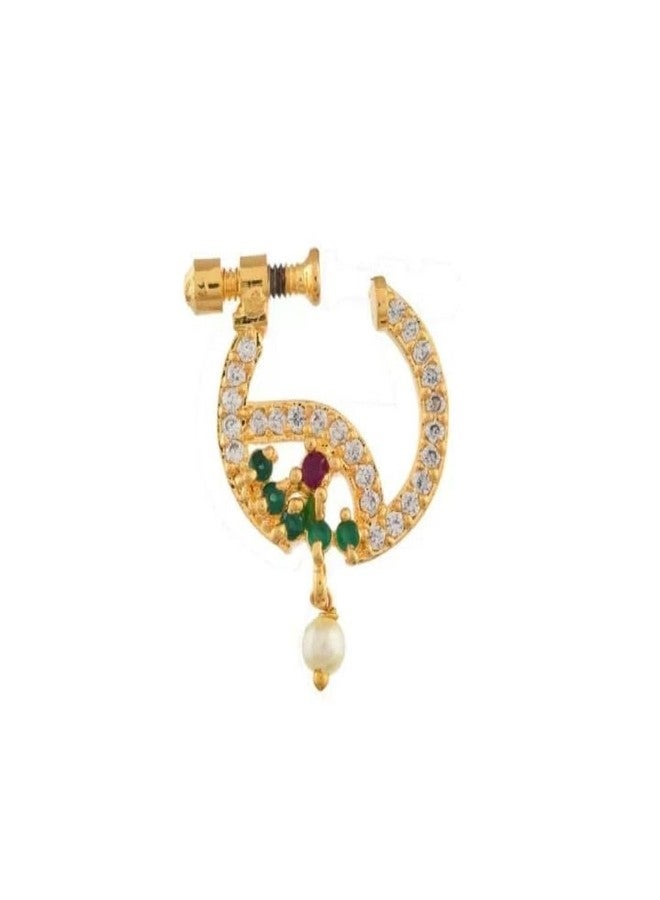 ZEELLO Gold Plated Nose Pin with CZ Stones, Green and Red Accents, Pearl Drop, Traditional Indian Jewelry - Image 1