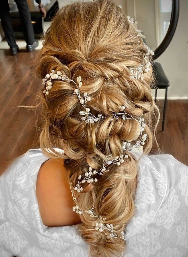 إيز ديلي إكسسوارات شعر العروس من إيزيديلي، زينة شعر طويلة من اللؤلؤ الفضي، زينة شعر مرصعة بالكريستال، إكسسوارات شعر للعرائس من أحجار الراين للنساء والفتيات (28 بوصة) - Image 1