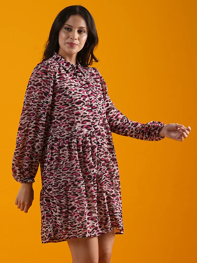 globus Women Pink Animal Print Tiered Georgette A-Line Dress