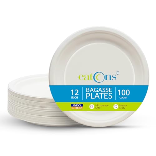 EATONS 12 inch, 100 Pack Disposable Bagasse Plates | Eco-Friendly, Disposable Plates Big Size | Dinner Paper Plates | Birthday, Wedding & Party | Round, White (30 cm) - Image 1