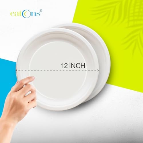 EATONS 12 inch, 100 Pack Disposable Bagasse Plates | Eco-Friendly, Disposable Plates Big Size | Dinner Paper Plates | Birthday, Wedding & Party | Round, White (30 cm) - Image 2