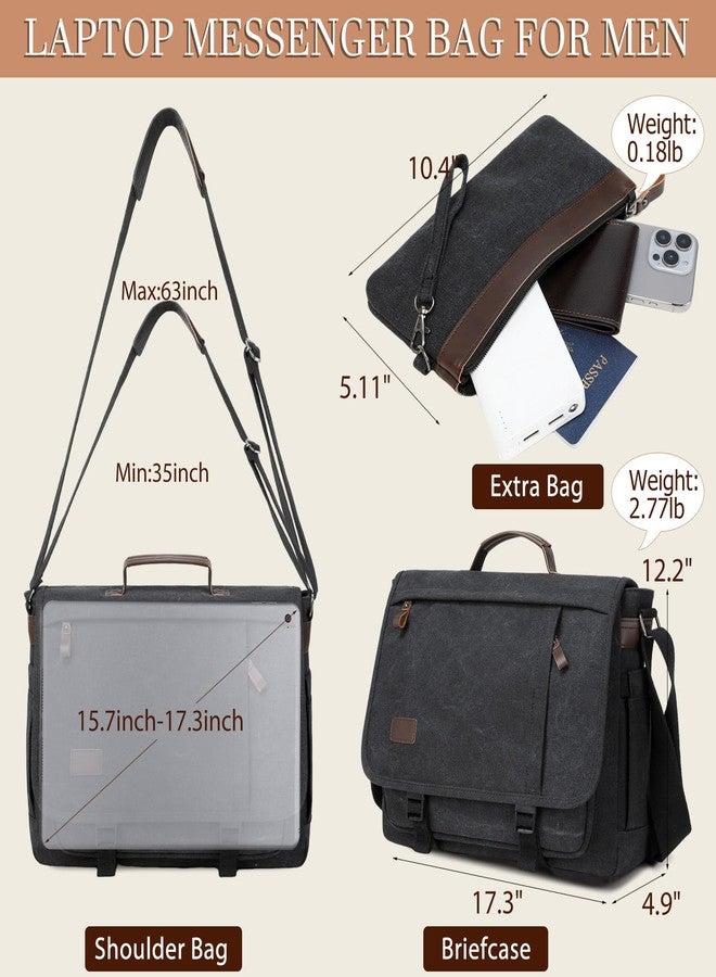 Stuery 17.3 Inch Messenger Bag for Men: 2PCS Laptop Work PU Leather Canvas Briefcase Carry On Large Computer for Office College Travel (Black) - Image 2