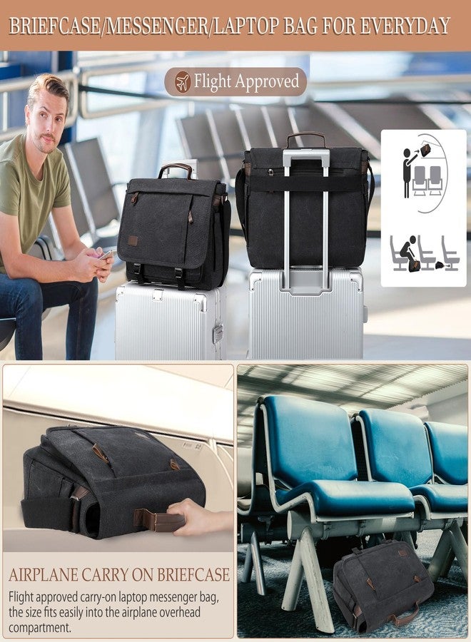 Stuery 17.3 Inch Messenger Bag for Men: 2PCS Laptop Work PU Leather Canvas Briefcase Carry On Large Computer for Office College Travel (Black) - Image 4