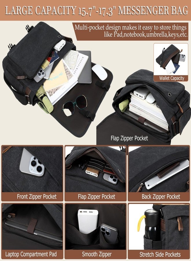 Stuery 17.3 Inch Messenger Bag for Men: 2PCS Laptop Work PU Leather Canvas Briefcase Carry On Large Computer for Office College Travel (Black) - Image 3