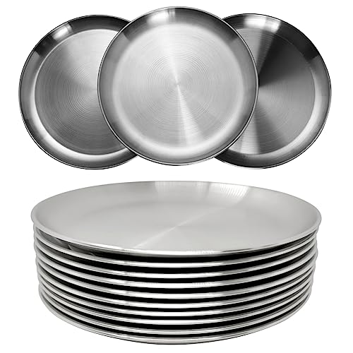 WANBY Stainless Steel Plates 9 inch Metal Lightweight Steel Plate Unbreakable Dinner Dishes Plates Set Non-Toxin Dishwasher Safe BPA Free and Healthy (10 Pcs) - Image 1