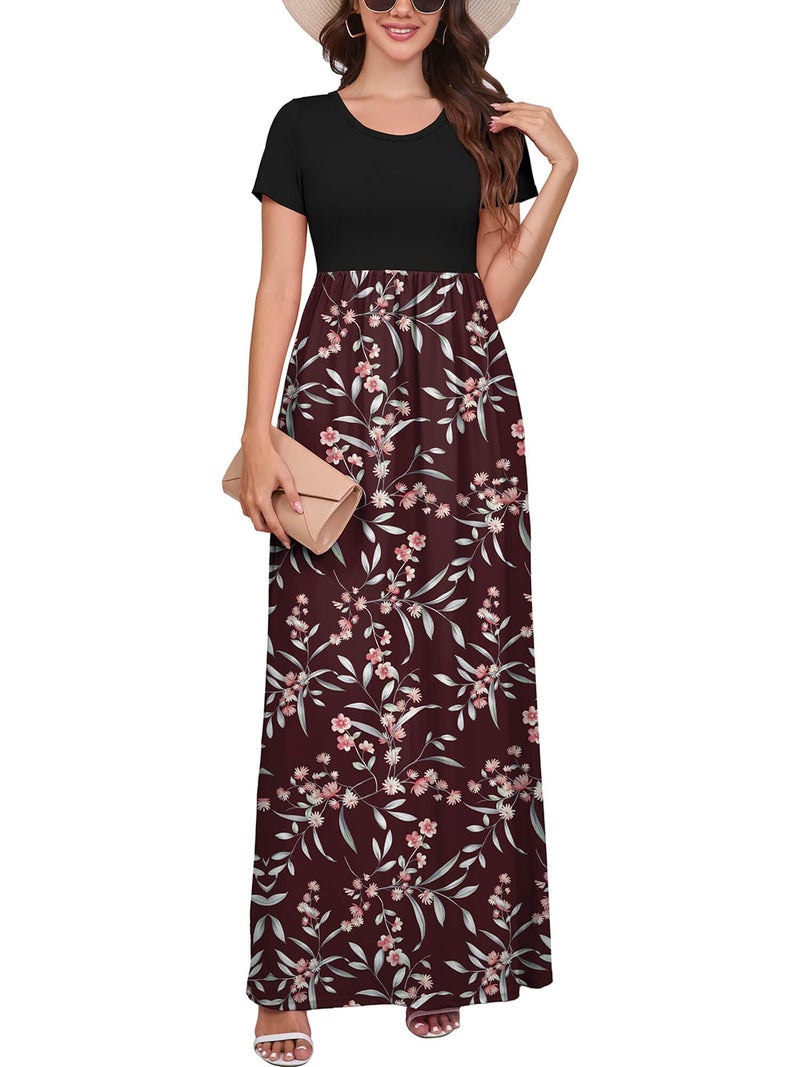 DEARCASE Women Long Dress Flower Red Medium Crewneck Boho Short Sleeve Maxi Loose Floral Printed Casual Hawaiian Flowy Vintage Spring Summer Beach Dresses with Pockets - Image 1