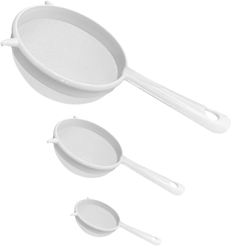 Plastic Strainer Set: Fine Mesh Strainer, Flour Sieve - White Kitchen Sieve for Home Kitchen Baking Cooking - Image 1